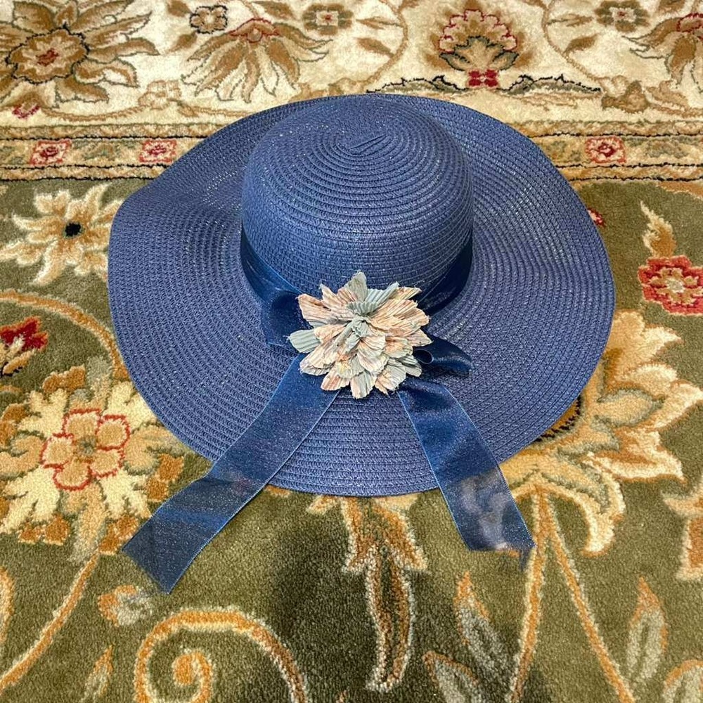Navy Blue Straw Sun Hat Wide Brim Floppy Floral Ribbon Beach Derby Hat Womens